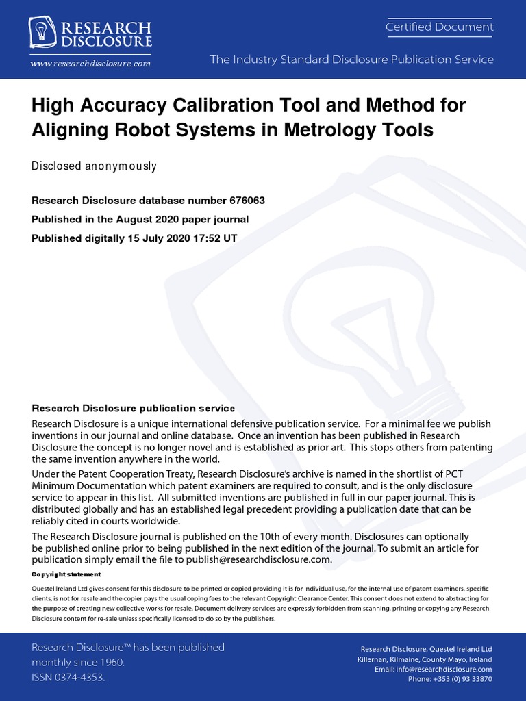 RD676063-High Accuracy Calibration Tool and Method For Aligning Robot ...