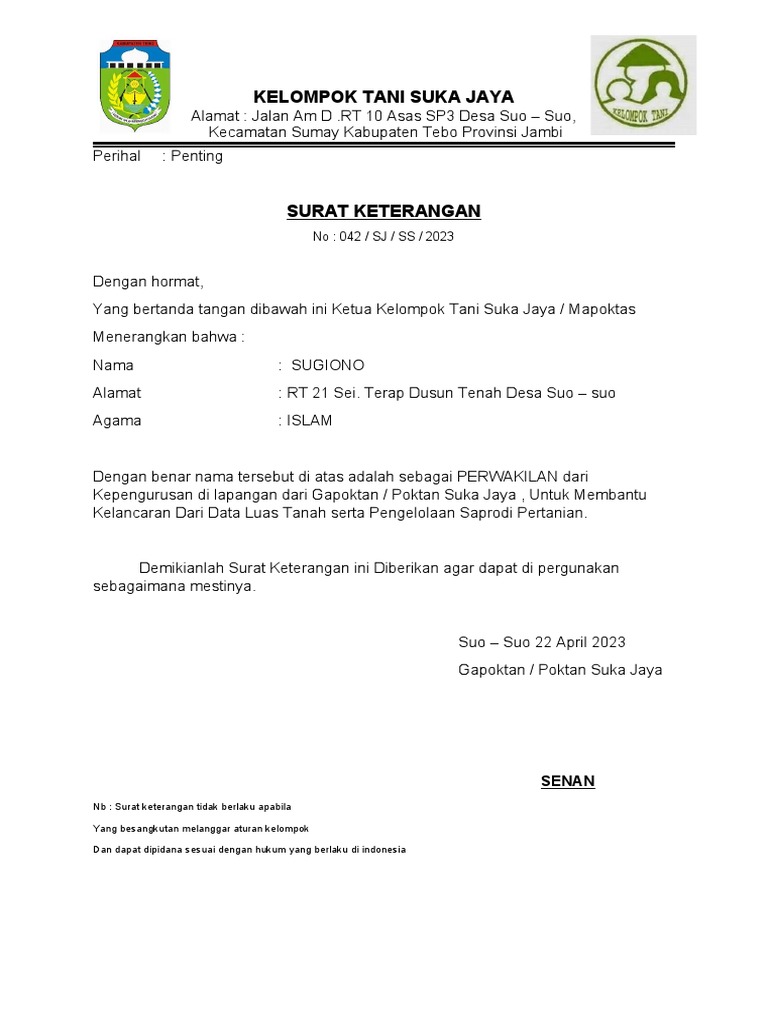Surat Keterangan Suka Jaya | PDF