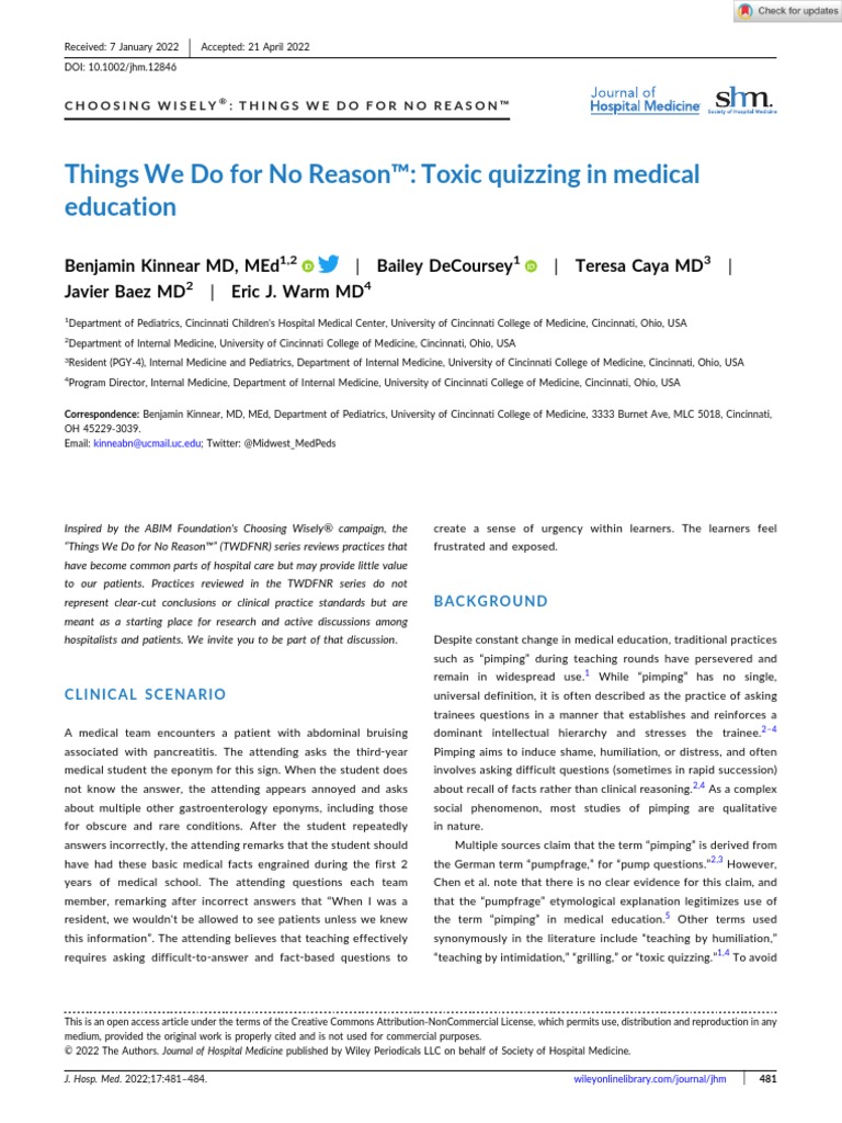 Journal of Hospital Medicine 2022 Kinnear Things We Do For No