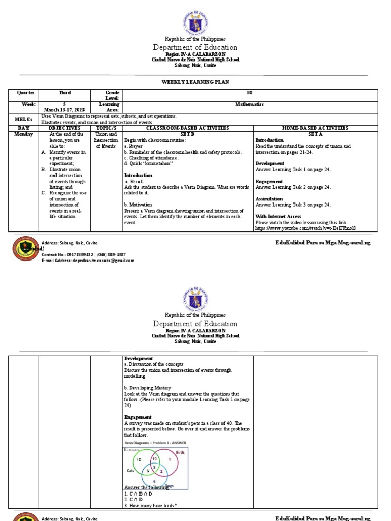 Weekly Learning Plan: Math Grade 10 | PDF | Cognition
