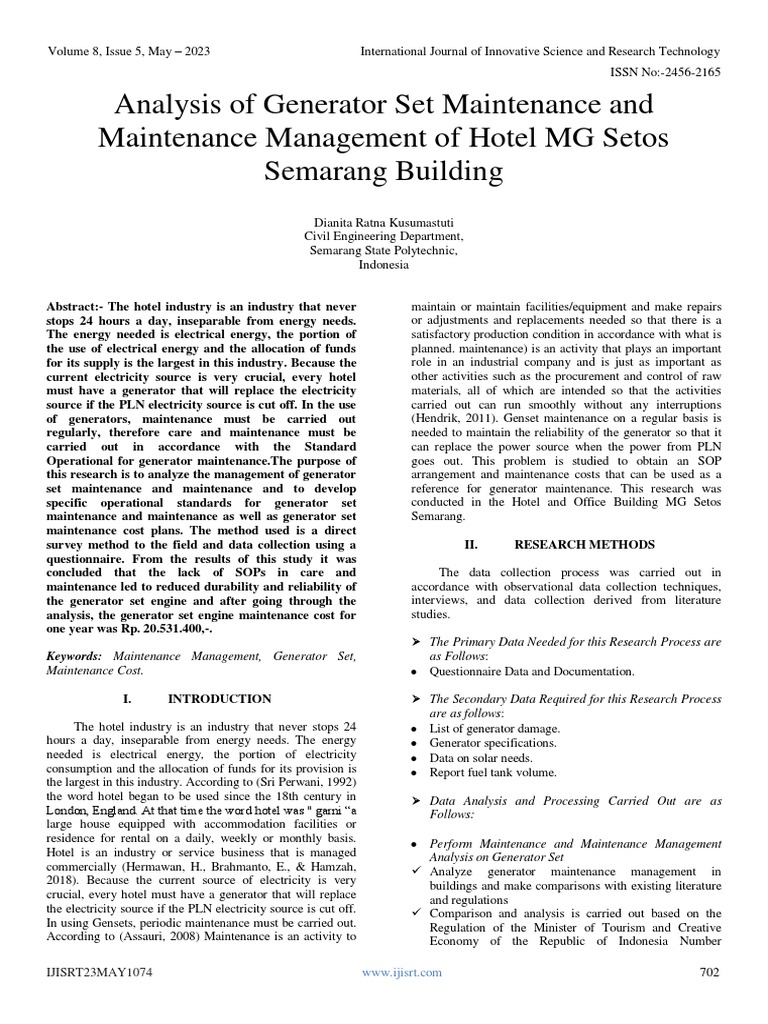 Generator Maintenance Management in Hotels | PDF