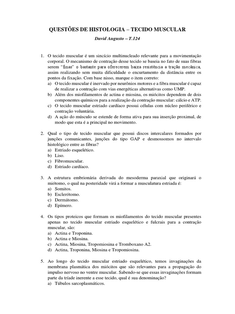 Questões sobre Tecido Muscular | PDF | Músculo esquelético | Anatomia
