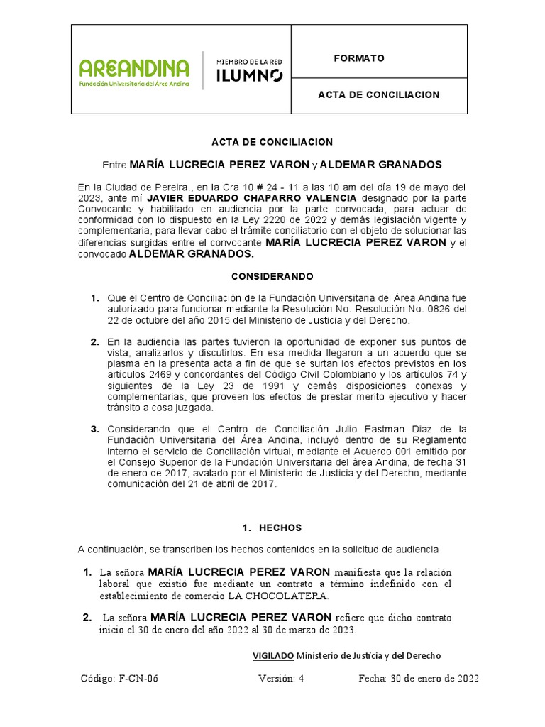 F-CN-06 Formato Acta de Conciliación | PDF | Justicia | Crimen y violencia