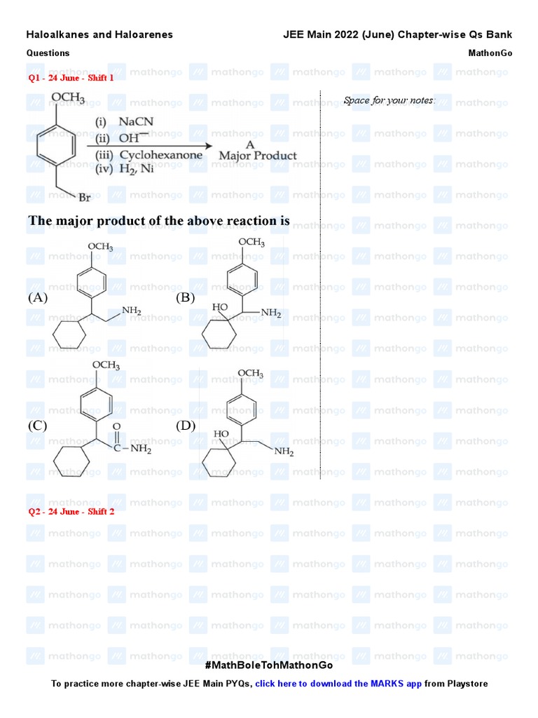 Haloalkanes and haloarenes jee main 2022 chapter wise questions by
