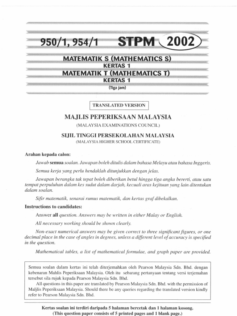 STPM 2002 Mathematics S & T Paper 1 | PDF