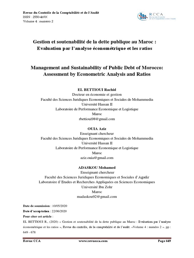 Gestion Et Soutenabilité de La Dette Publique Au Maroc Evaluation Par ...