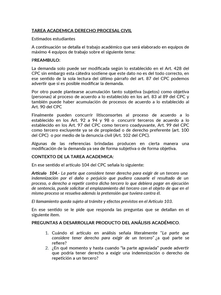 Tarea Academica Derecho Procesal Civil | PDF | Demanda judicial | Ley ...