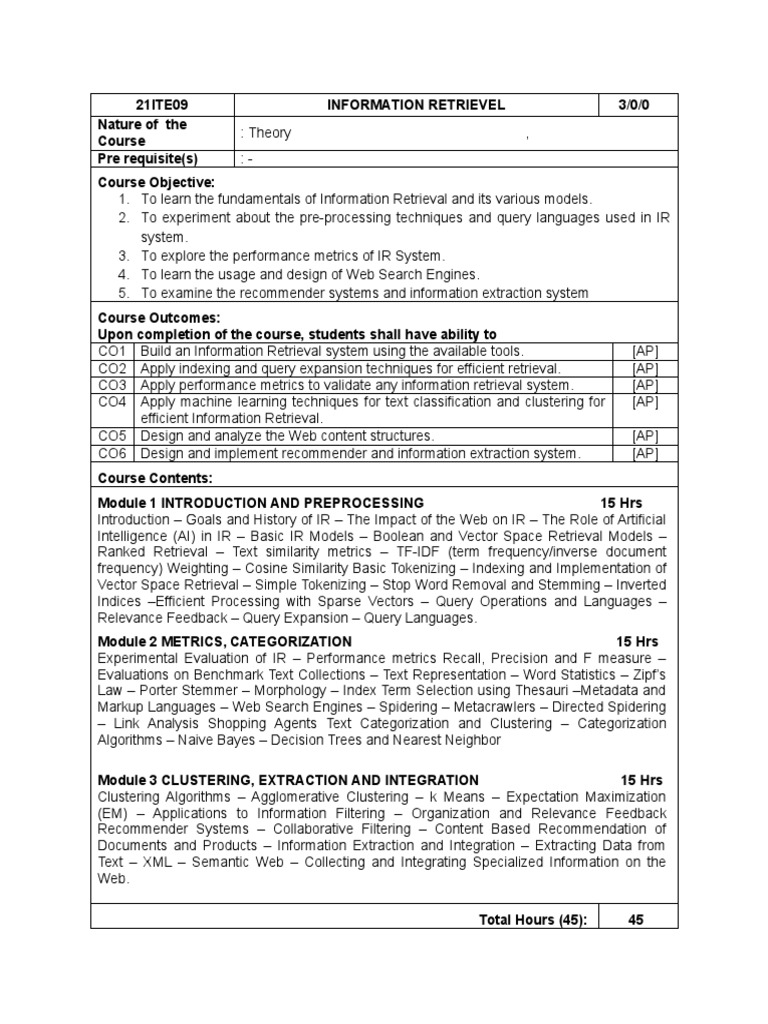 Information Retrieval Techniques Syllabus | PDF | Information Retrieval ...