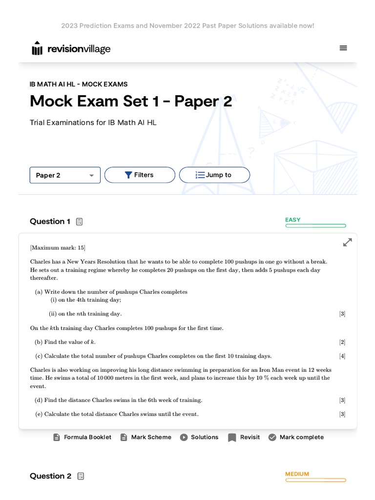 Ib math ai hl practice exams mock exam set 1 paper 2 pdf