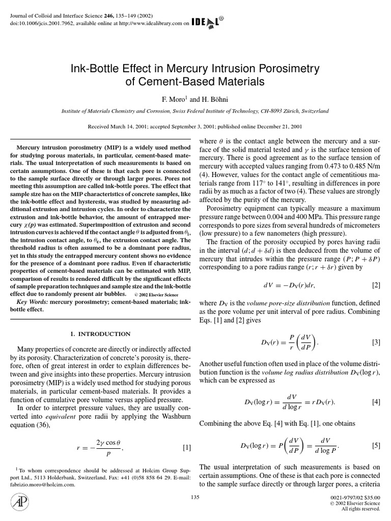 F Moro and H Bohni 2002, InkBottle Effect in Mercury Intrusion
