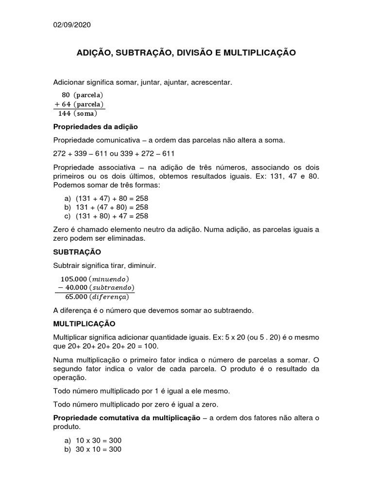 Operações Básicas: Adição, Subtração, Multiplicação e Divisão | PDF ...