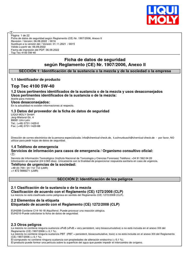 Liqui Moly 5w40 PDF Agua Toxicología