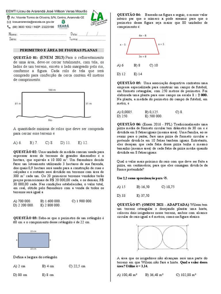 Exercícios de Área e Perímetro | PDF
