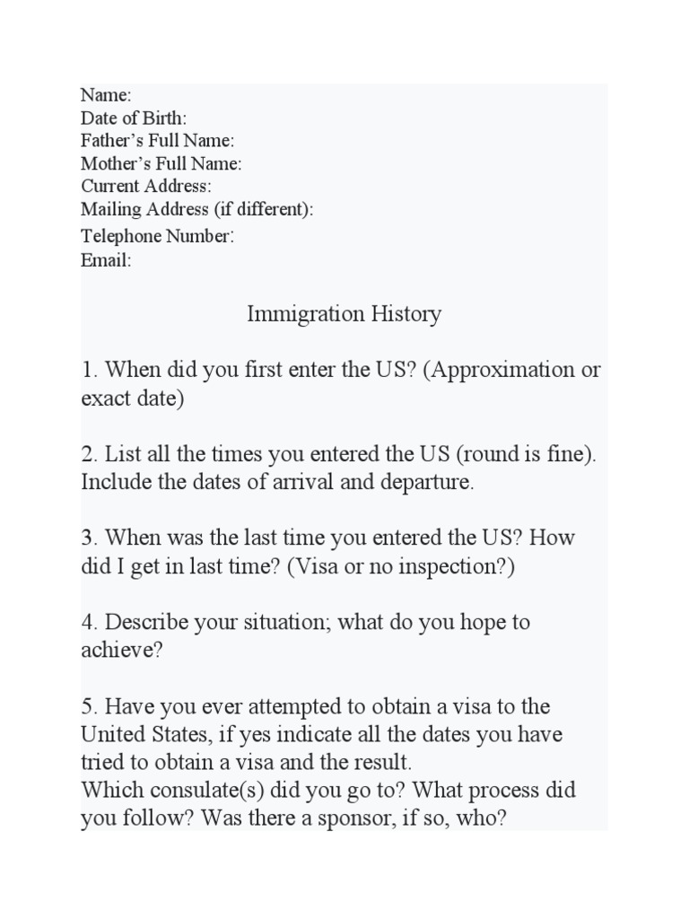Immigration Questionnaire Form | PDF