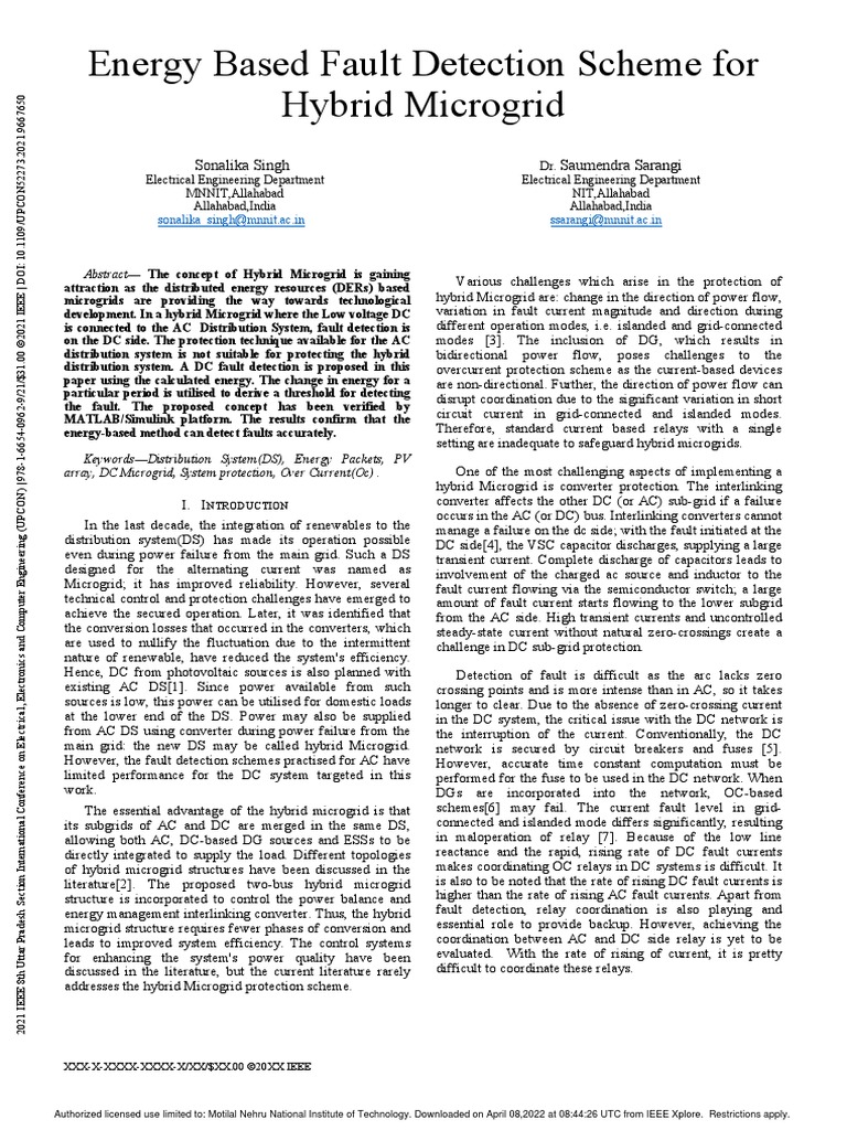 Energy Based Fault Detection Scheme For Hybrid Microgrid | PDF | Direct ...