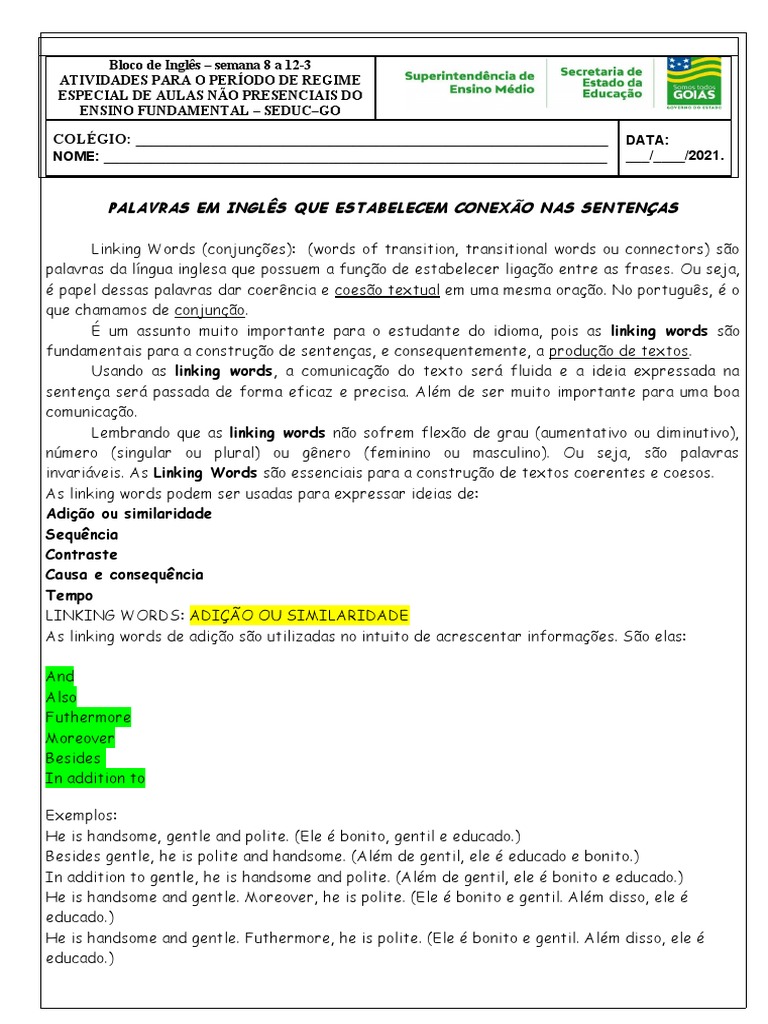 9 Ano Linking Words Pdf Palavra Tipologia Linguística