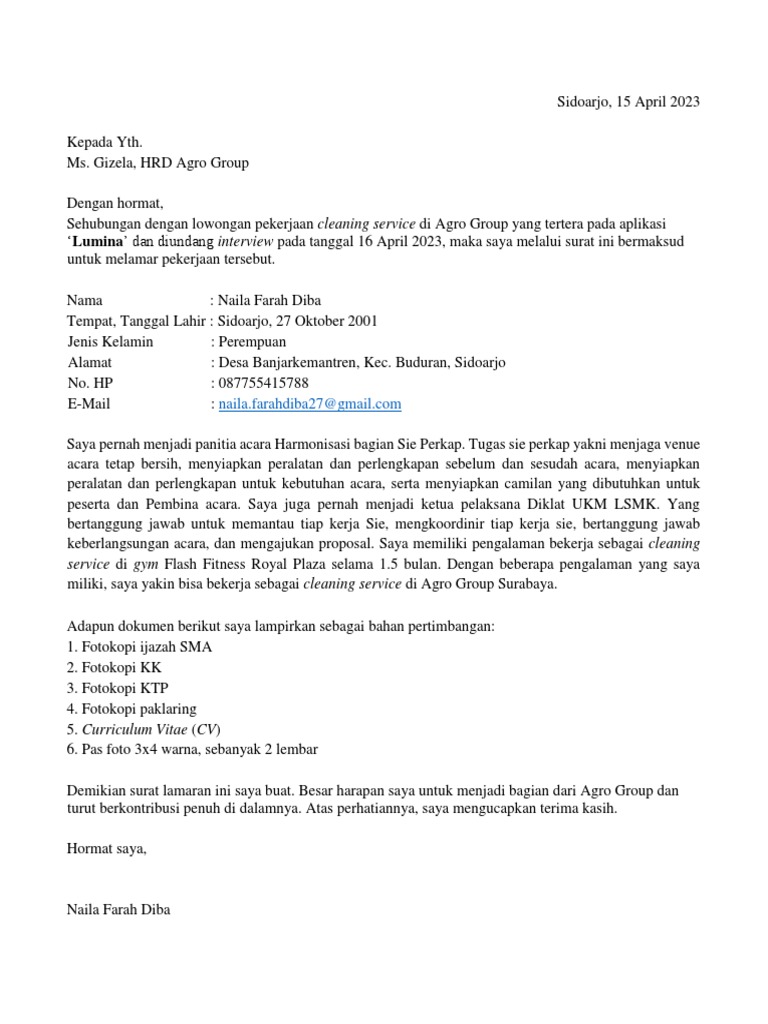 Dokumen Lamaran Kerja Pertanian