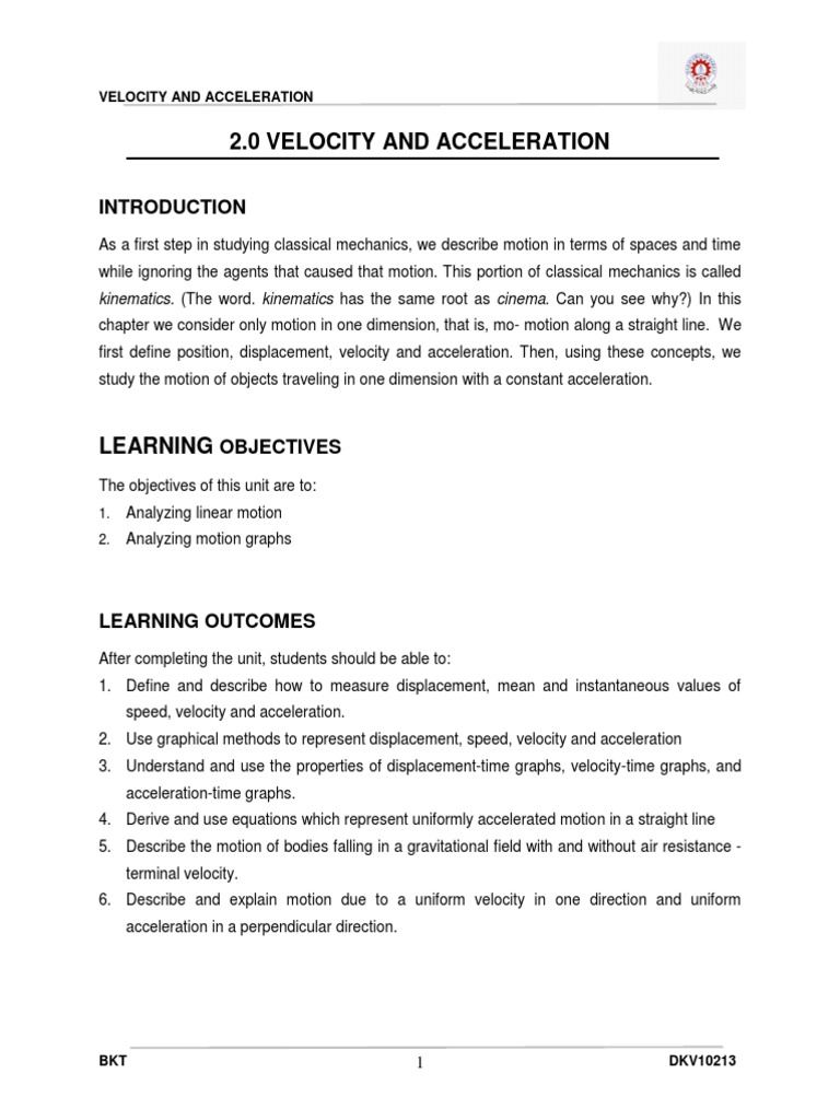 2.0 Velocity and Acceleration | PDF | Speed | Velocity