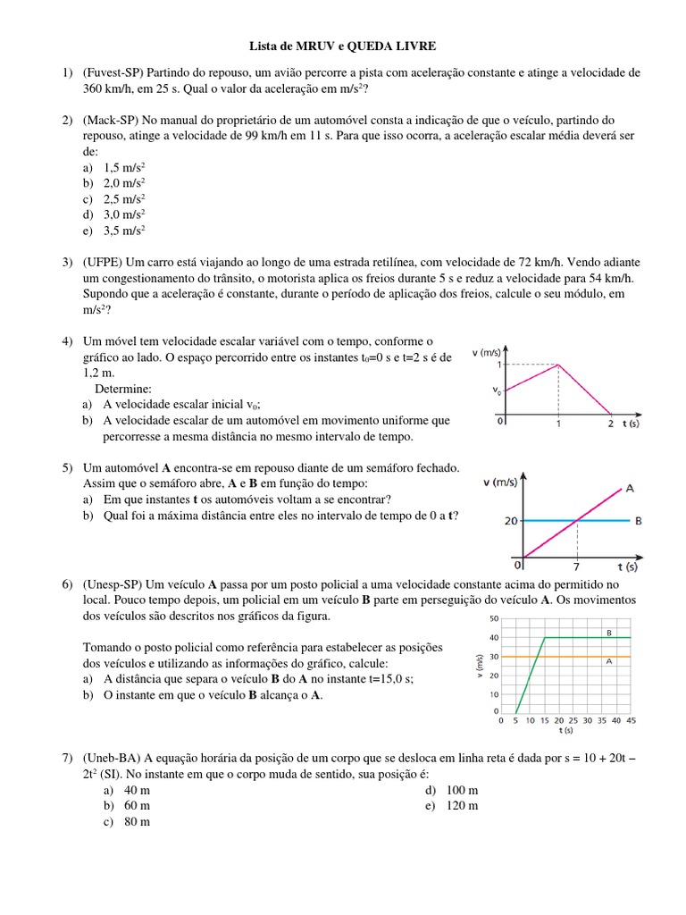 Lista de Exercícios II - MRUV e QUEDA LIVRE | Download grátis PDF ...