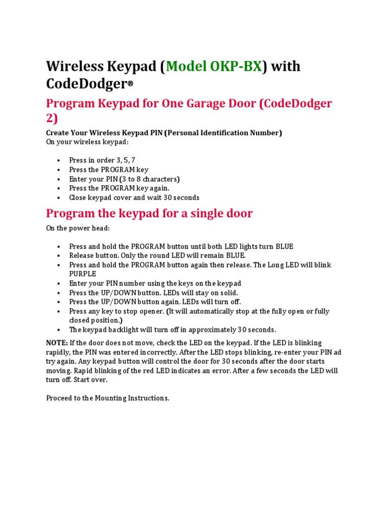 Overhead Door Wireless Keypad Programming Instructions PDF Light