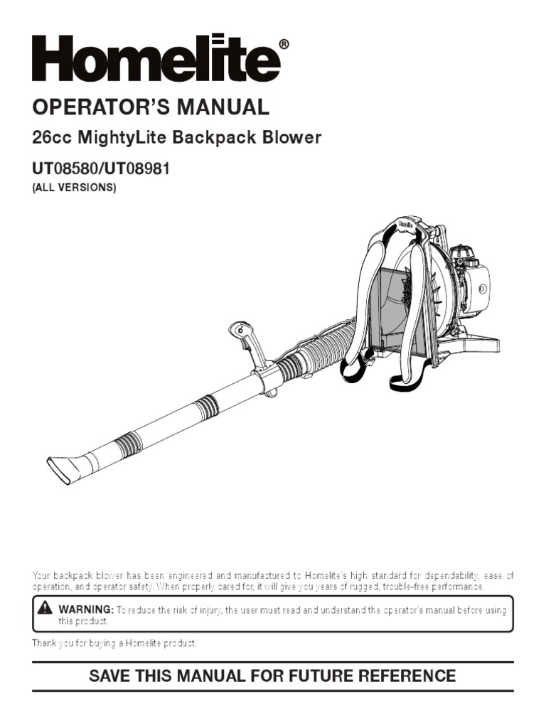 Homelite Mighty Lite 26bp Backpack Blower Instruction Manual PDF
