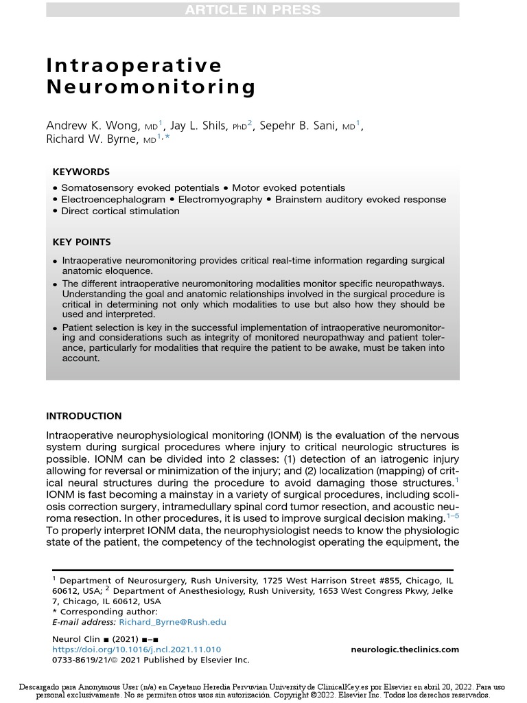 Intraoperative Neuromonitoring PDF Electroencephalography Motor