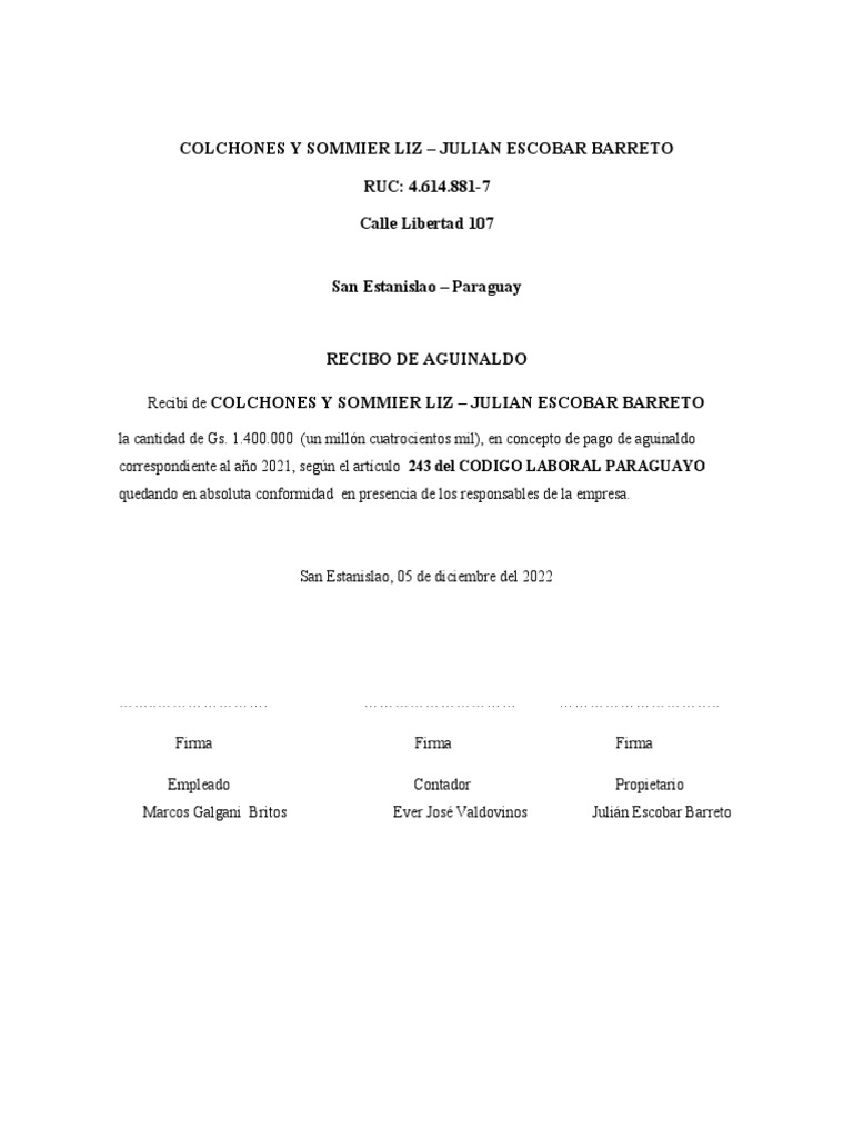 Recibo de Aguinaldo | PDF | Compensación laboral | Gastos