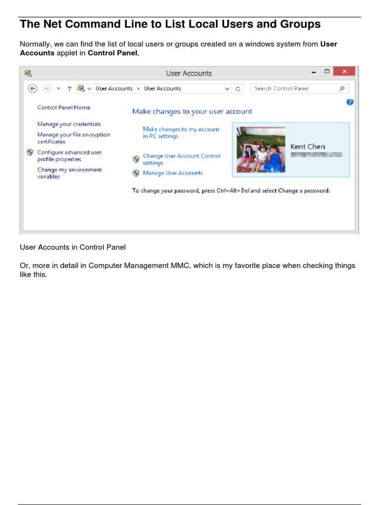 The net command line to list local users and groups next of windows