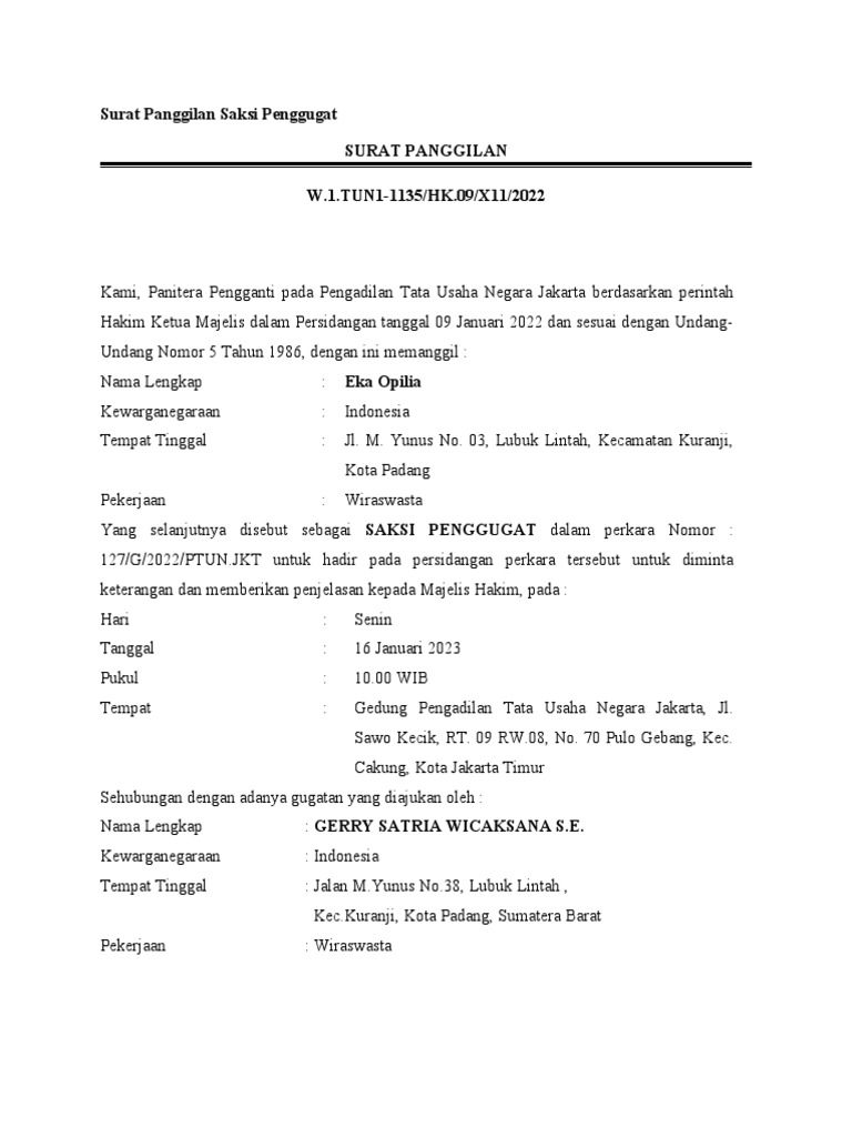Surat Panggilan Saksi Penggugat PTUN | PDF