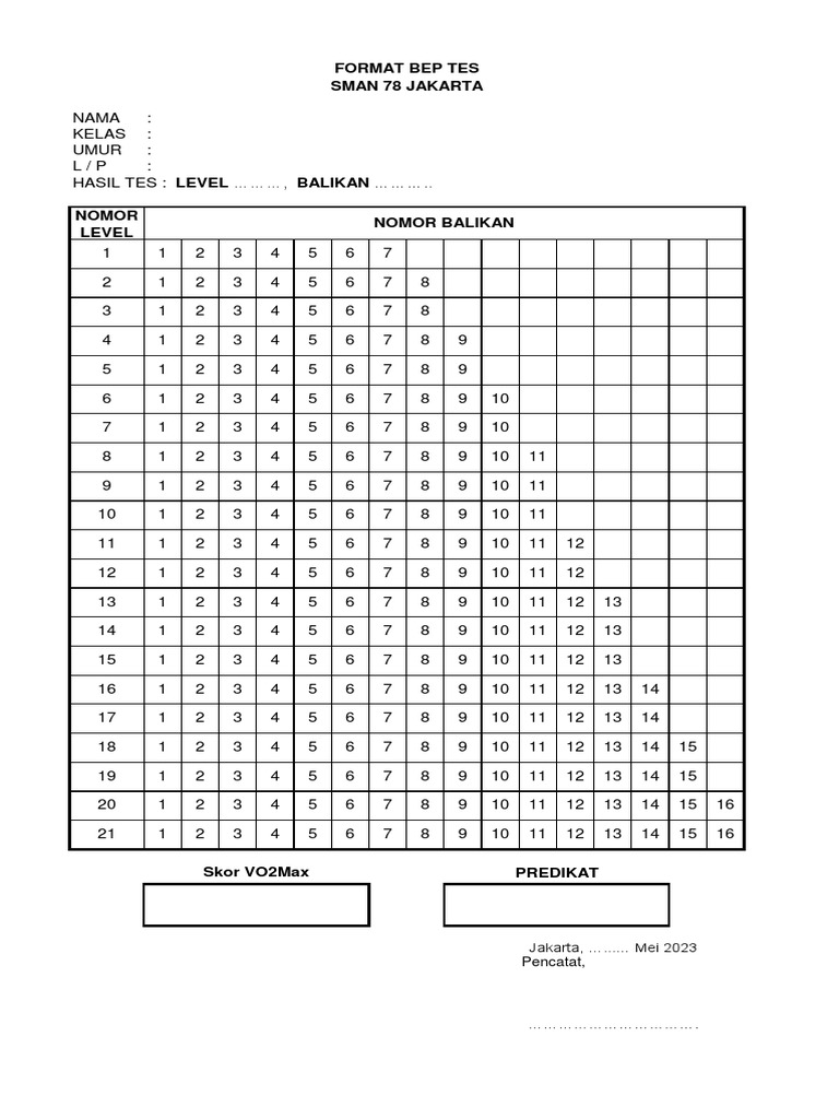 Format beep test 78 1 pdf