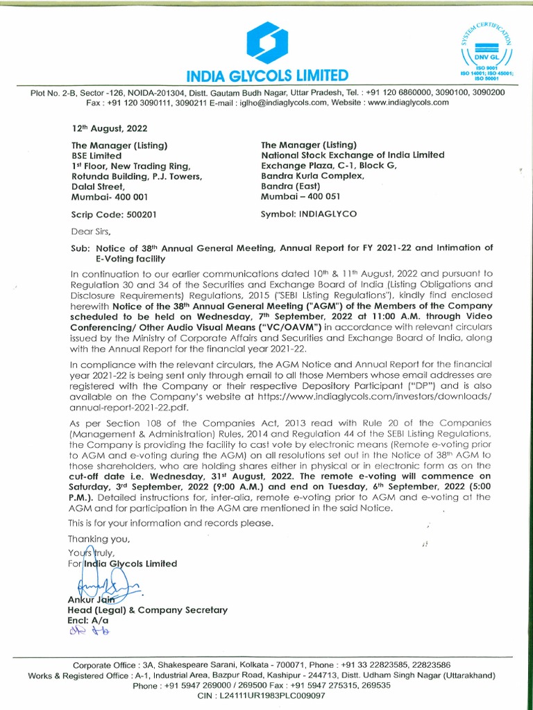 India Glycols Limited: 2-B, +911206860000, 3090200 3090111, E-Mail | PDF |  Login | Electronic Voting