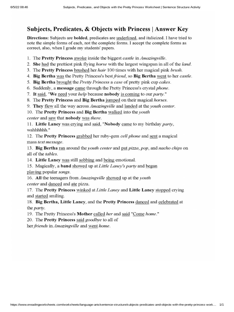 Subjects and Predicates: Pretty Princess Worksheet | PDF