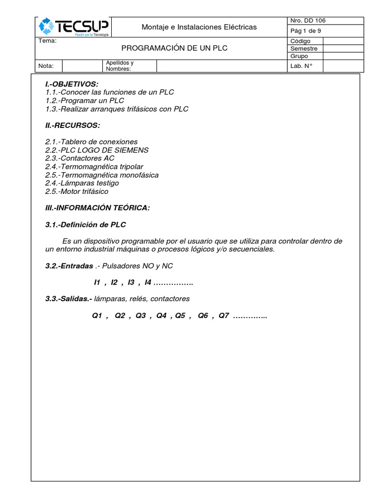 LAB 09.-Programación de Un PLC 2023-01 | PDF | Controlador lógico ...
