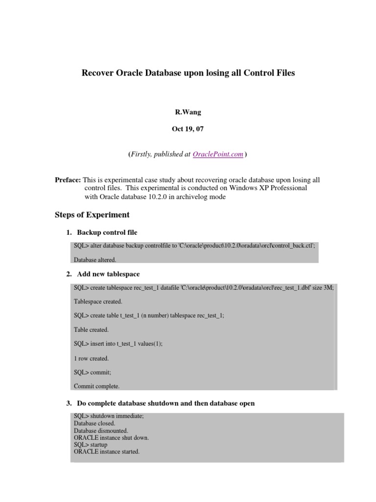 Recovering Oracle Database Without Control Files | PDF | Oracle ...
