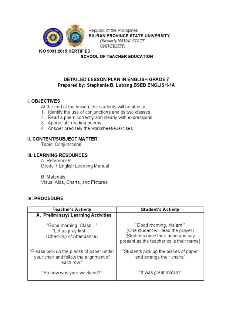 Conjunctions Lesson Plan for Grade 7 | PDF | Language Mechanics | Grammar