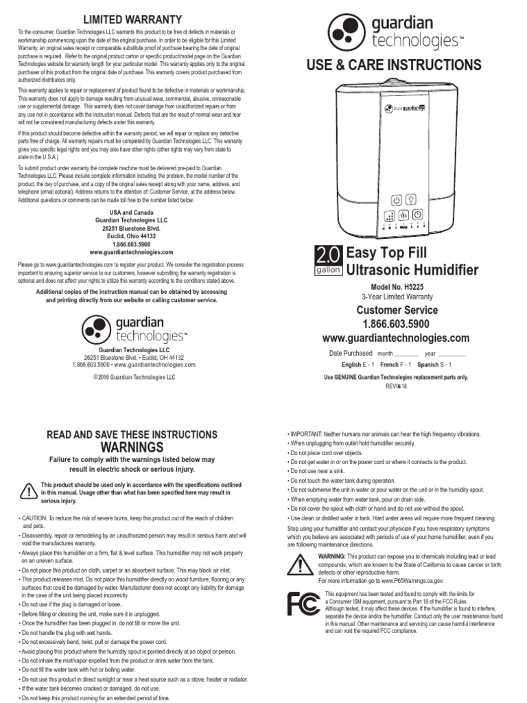 Pure Guardian Humidifier H5225 Manual 0618 PDF Humidity