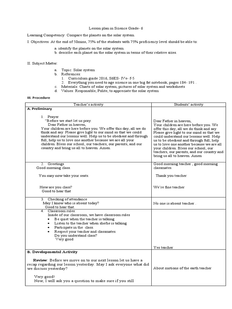 Grade 6 Solar System Lesson Plan | PDF | Planets | Solar System