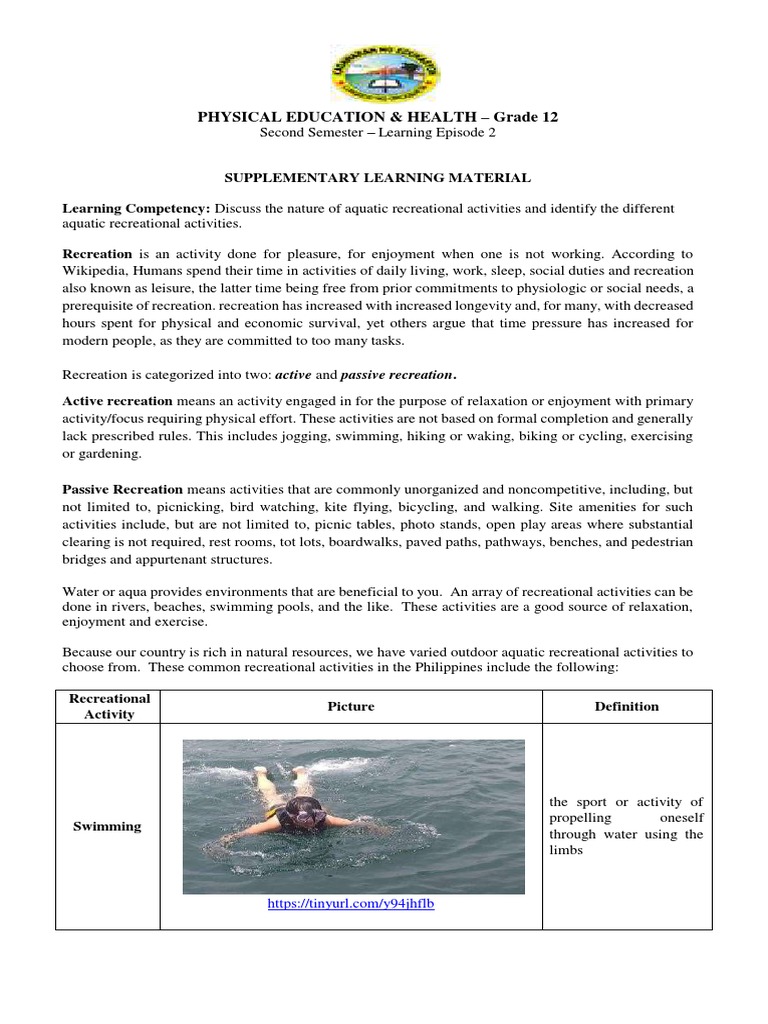 Grade 12 Pe Health Episode 2 Pdf Recreation Leisure