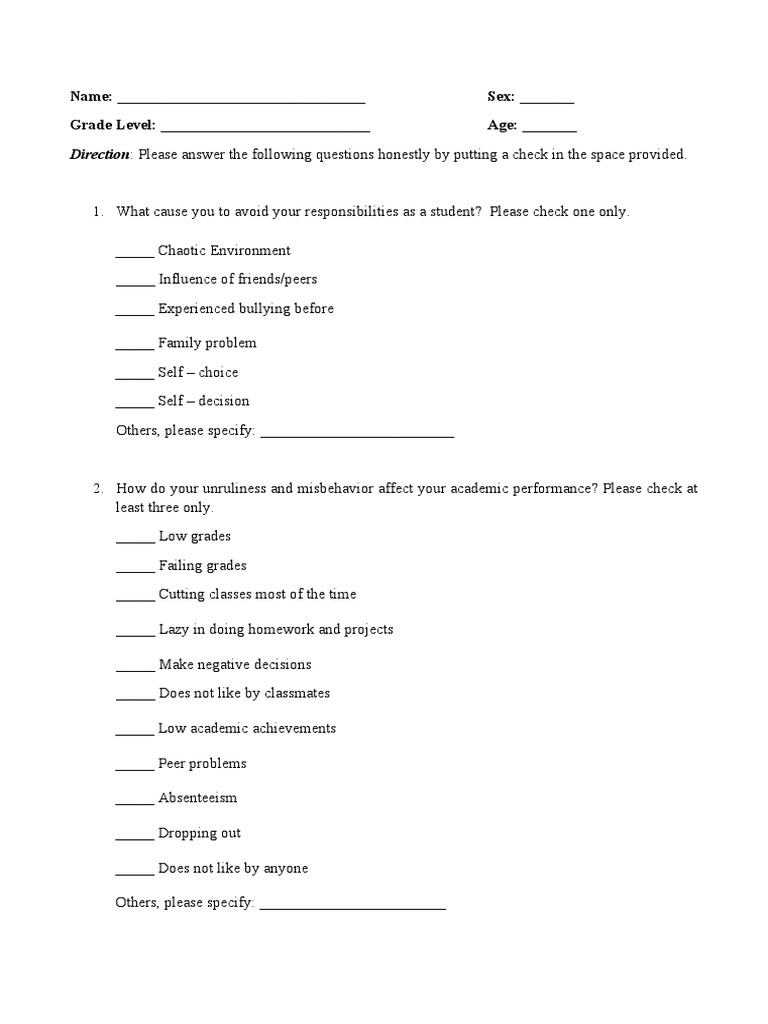Student Misbehavior Questionnaire | PDF | Wellness