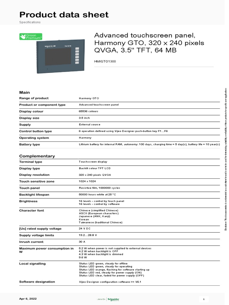 HMIGTO1300 Touchscreen Panel Specs | PDF | Touchscreen | Backlight
