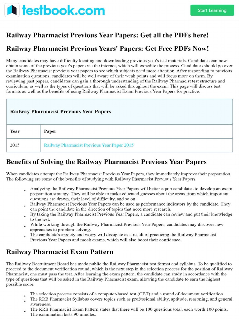 Railway Pharmacist Previous Year Papers Get All The PDFs Here! PDF