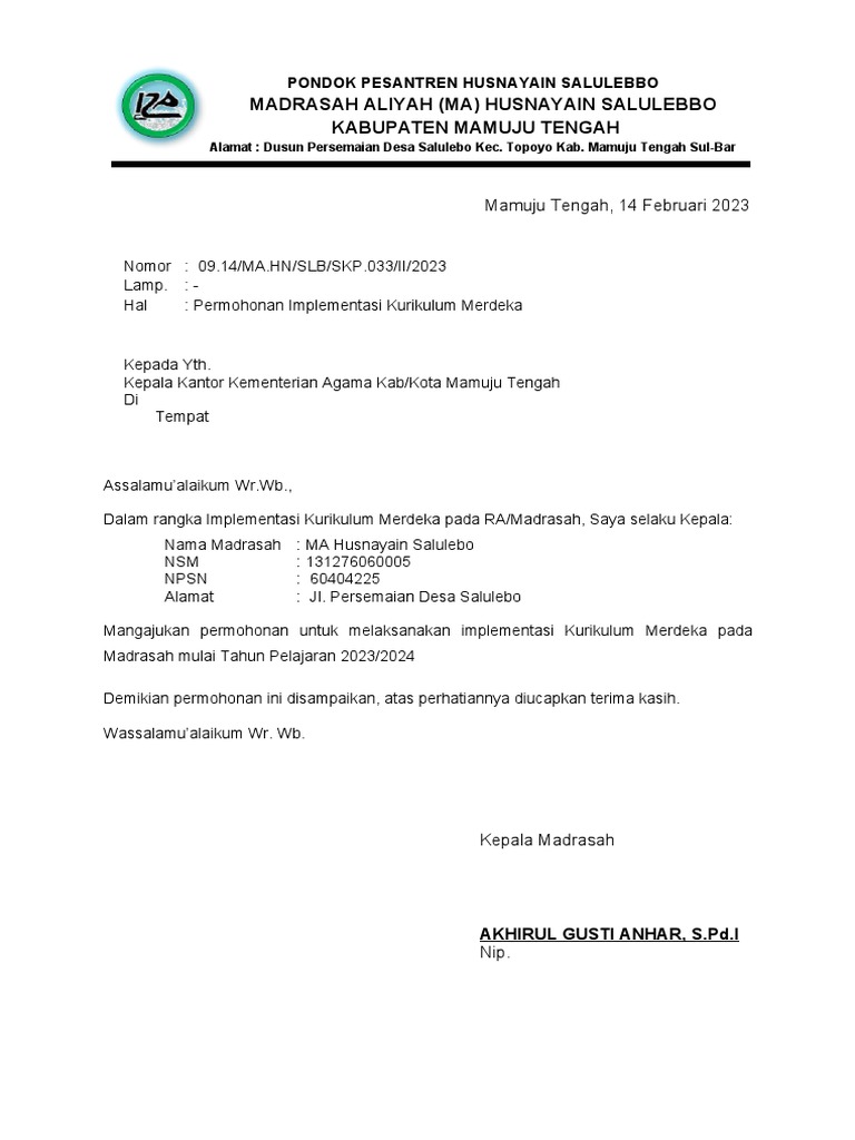 Surat Permohonan Ma Kurikulum Merdeka Pdf
