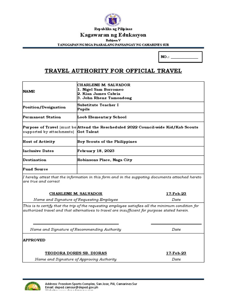 Travel Authority for Official Travel | PDF