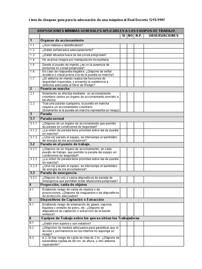 Checklist para RD 1215/1997 | PDF | Ciencias fisicas | Física