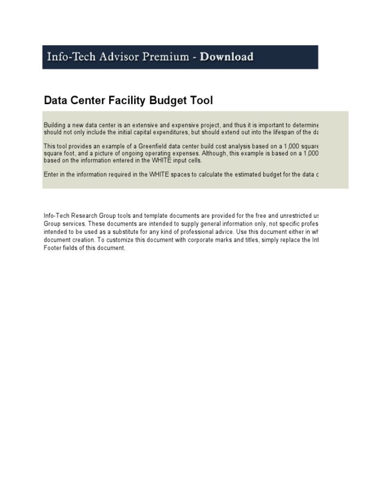 Data Center Facility Budget Tool | PDF | Data Center | Budget