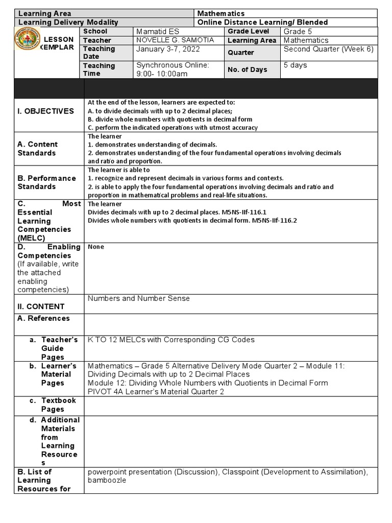 Grade 5 Math Exemplar: Dividing Decimals | PDF | Division (Mathematics ...