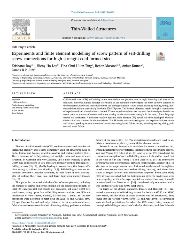 Experiments and Finite Element Modelling of Screw Pattern of Self ...