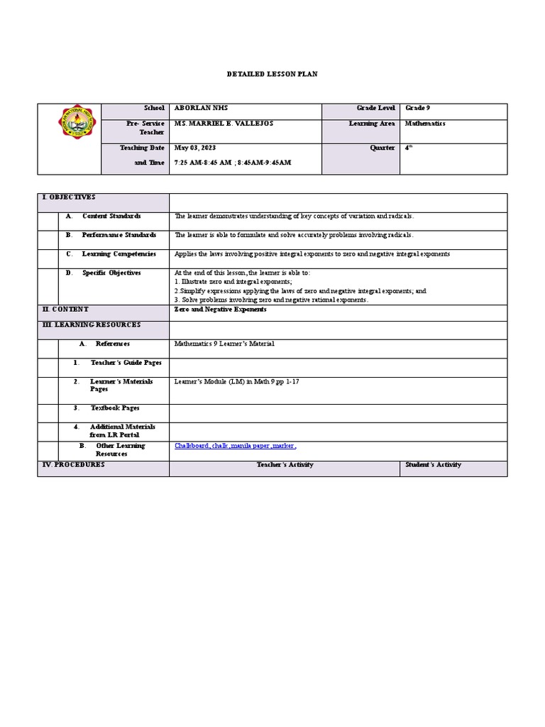 Grade 9 Laws of Exponents Lesson Plan | PDF | Learning | Exponentiation
