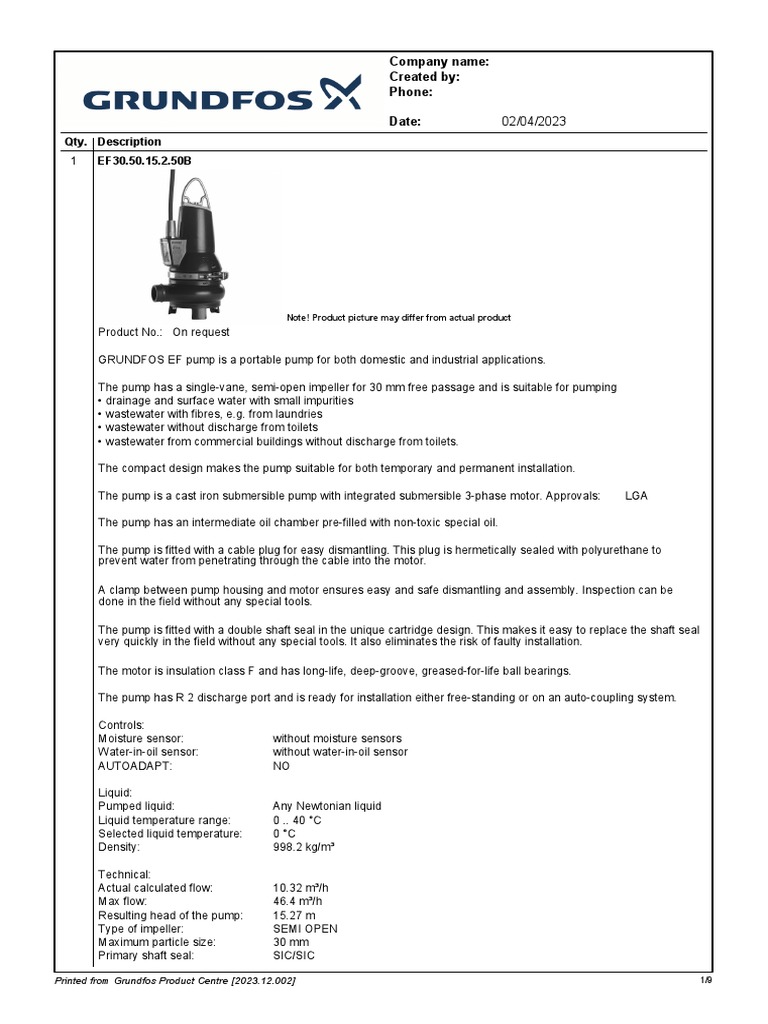 Grundfos EF30.50.15.2.50B Pump Specs | PDF | Pump | Electric Motor