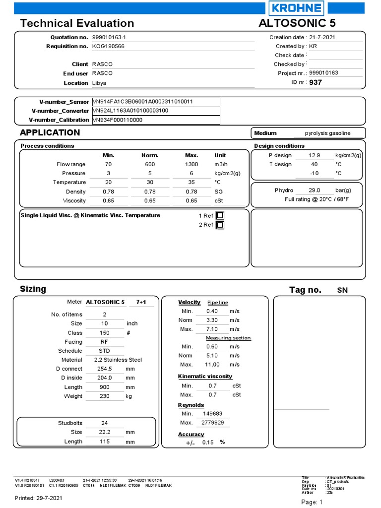 Pyrolysis Gasoline Flowmeter Sizing | PDF | Viscosity | Flow Measurement